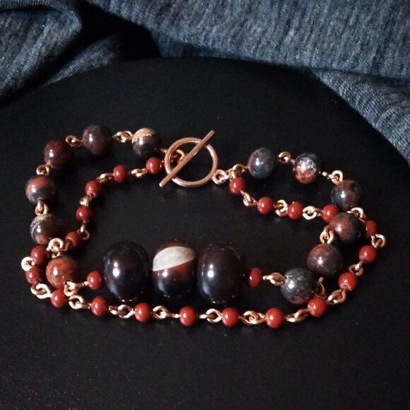 Bloodstone + Agate + Red Jasper ~ Handmade 2 Strand Layer Bracelet for 8" Wrist - Picture 2 of 9